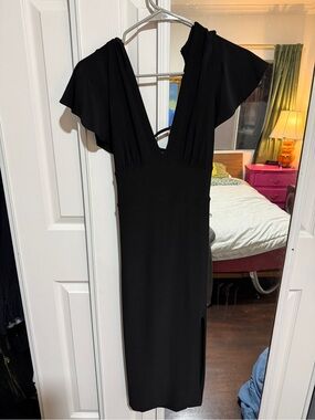 AYM - Black V-Neck Flutter Sleeve Midi Dress